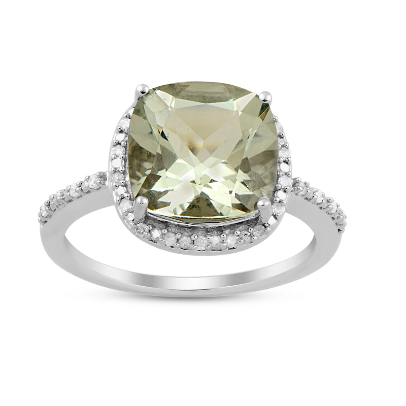 Jewelili Sterling Silver With 1/10 CTTW Diamonds and Green Amethyst Halo Cocktail Ring