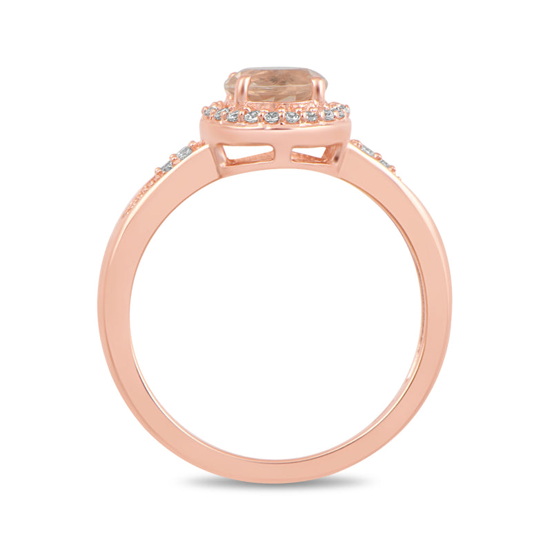 Jewelili Halo Ring with Oval Shape Simulated Morganite and White Cubic Zirconia in Rose Gold over Sterling Silver View 3