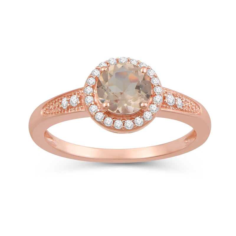Jewelili Halo Ring with Oval Shape Simulated Morganite and White Cubic Zirconia in Rose Gold over Sterling Silver View 1