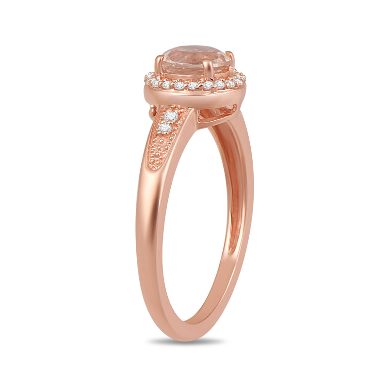 Jewelili Halo Ring with Oval Shape Simulated Morganite and White Cubic Zirconia in Rose Gold over Sterling Silver View 4