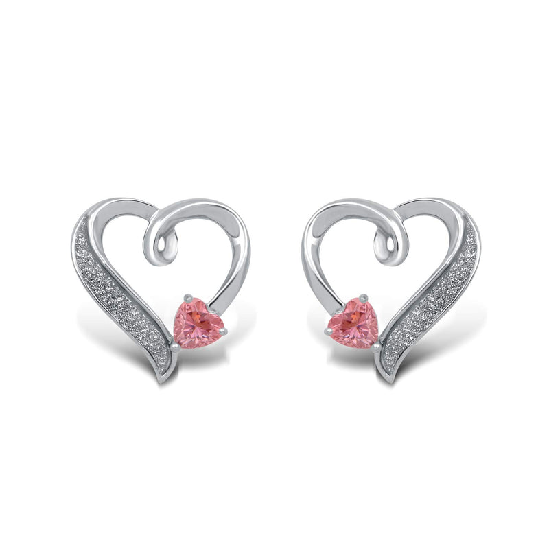 Jewelili Sterling Silver with Heart Shaped Pink Cubic Zirconia Stud Earrings