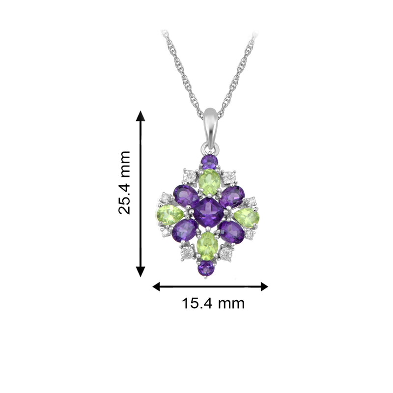 Jewelili Sterling Silver With Cushion Shape, Pear Shape and Oval Shape Amethyst with Peridot and Natural White Round Diamonds Pendant Necklace, 18" Rope Chain