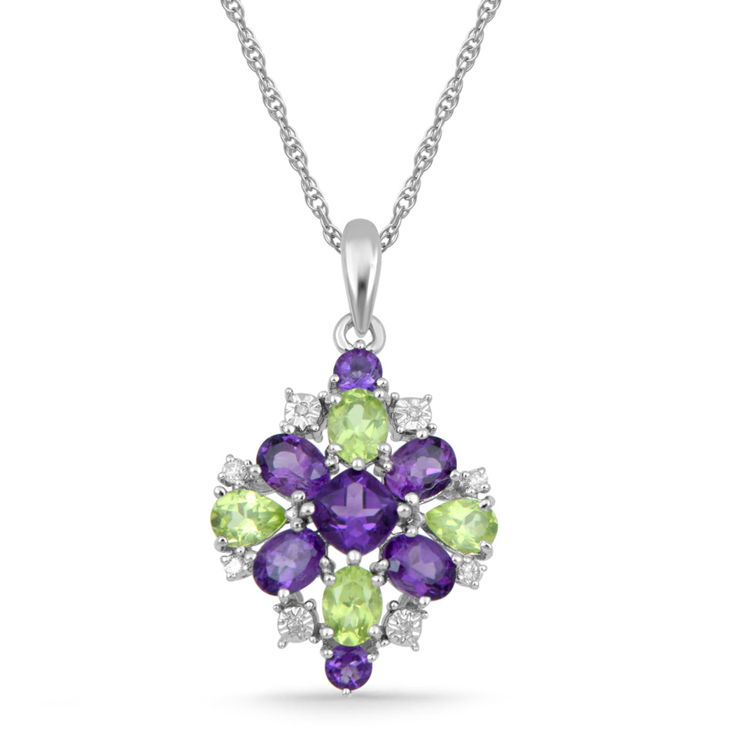 Jewelili Sterling Silver With Cushion Shape, Pear Shape and Oval Shape Amethyst with Peridot and Natural White Round Diamonds Pendant Necklace, 18