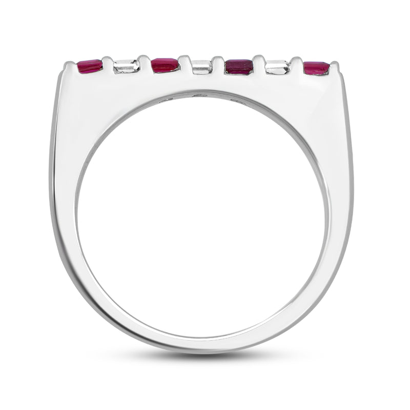 Jewelili Wedding Band with Square Created Ruby and Created White Sapphire in Sterling Silver View 3