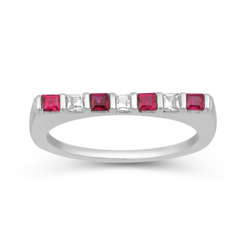 Jewelili Wedding Band with Square Created Ruby and Created White Sapphire in Sterling Silver View 1