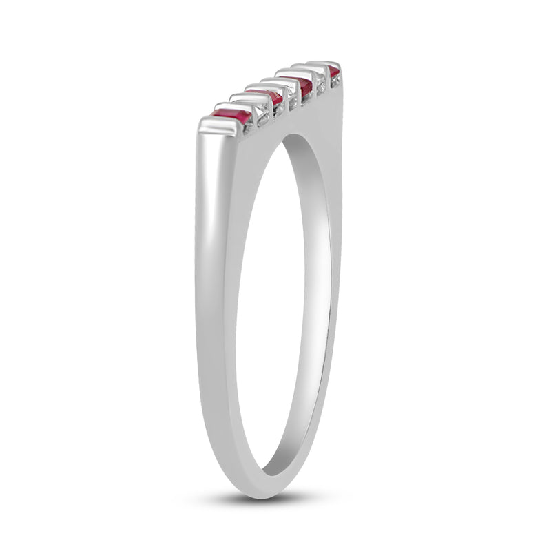Jewelili Wedding Band with Square Created Ruby and Created White Sapphire in Sterling Silver View 4