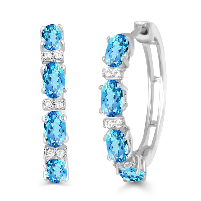Jewelili Hoop Earrings with Oval Cut Swiss Blue Topaz and Round Created White Sapphire over Sterling Silver