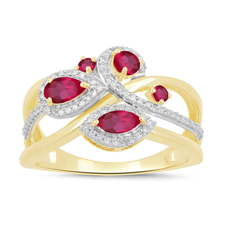 Jewelili Ring with Natural White Round Diamonds and Round Created Pear and Marquise Ruby in 10K Yellow Gold 1/5 CTTW View 1