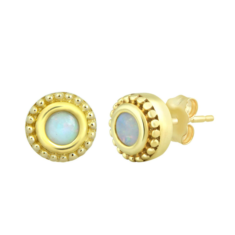 Jewelili 10K Yellow Gold 4 MM Natural Round Opal Stud Earrings