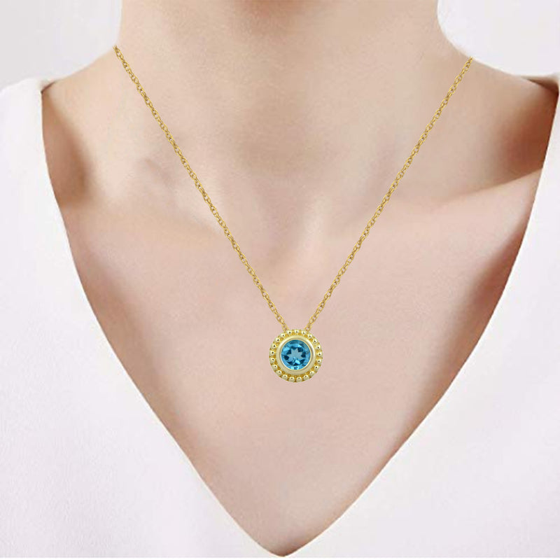 Jewelili 10K Yellow Gold With Blue Topaz Pendant Necklace