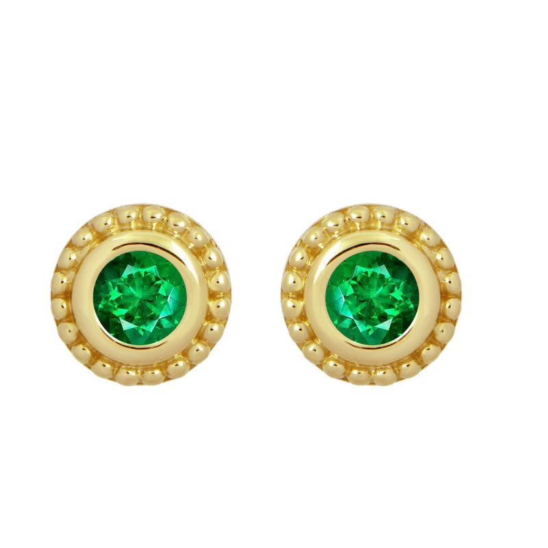 Jewelili 10K Yellow Gold with Natural Round Emerald Stud Earrings