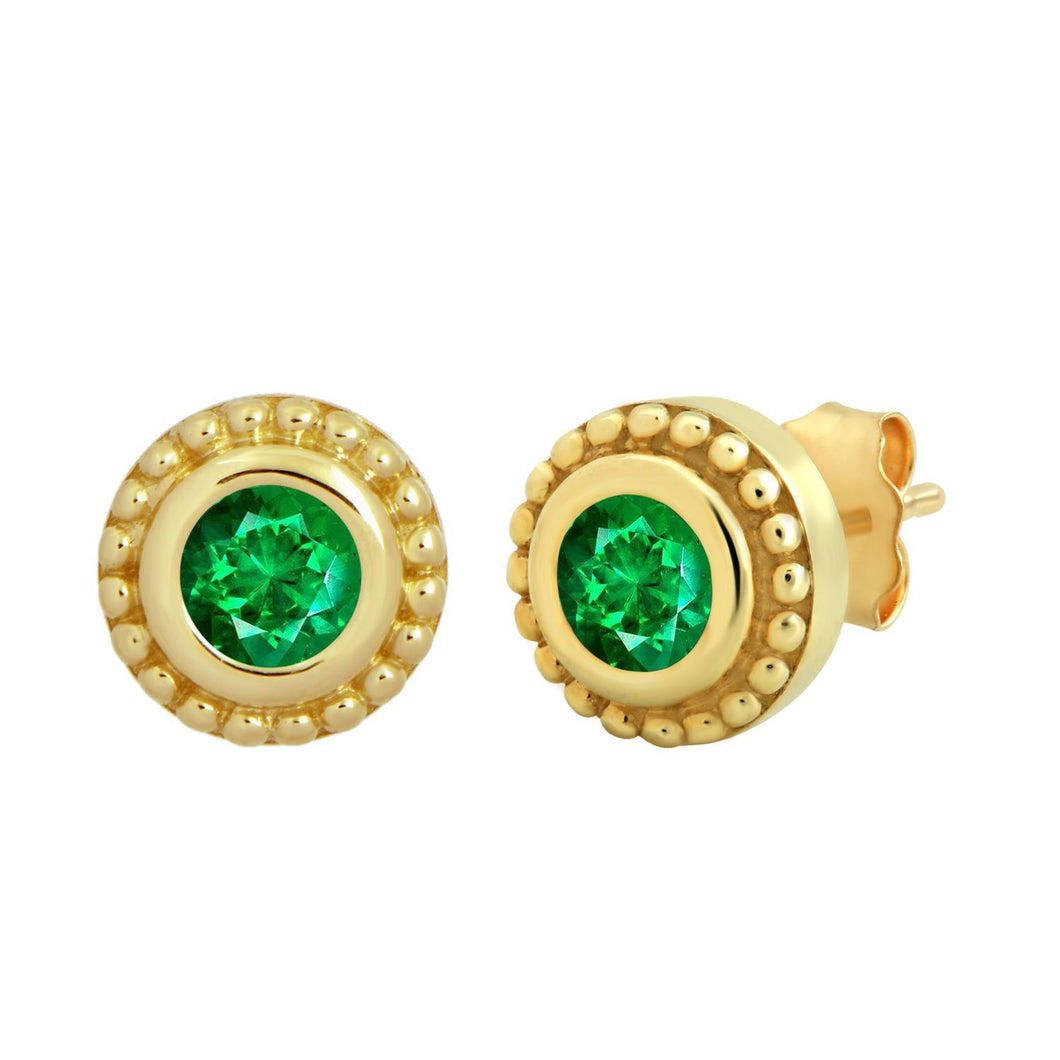 Jewelili 10K Yellow Gold with Natural Round Emerald Stud Earrings