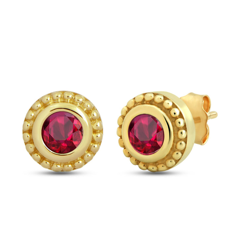 Jewelili 10K Yellow Gold with Round Natural Ruby Stud Earrings