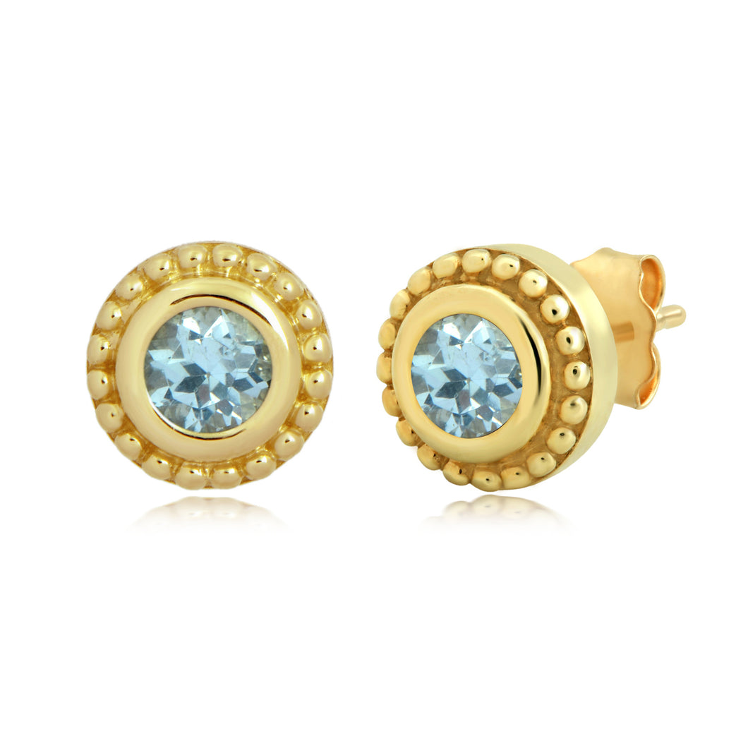 Jewelili 10K Yellow Gold with Natural Round Aquamarine Stud Earrings