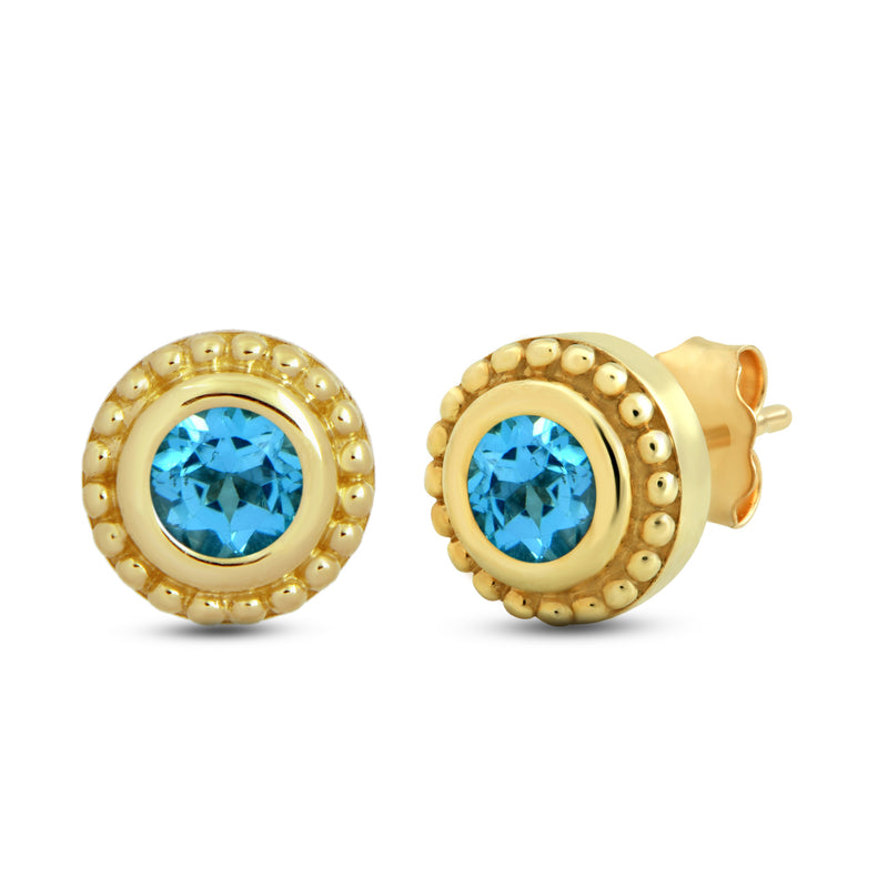 Jewelili 10K Yellow Gold with Round Natural Swiss Blue Topaz Stud Earrings