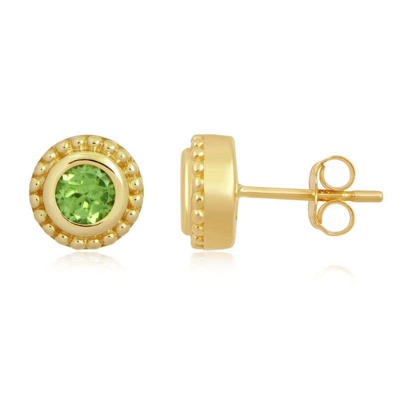 Jewelili 10K Yellow Gold with Natural Round Peridot Stud Earrings