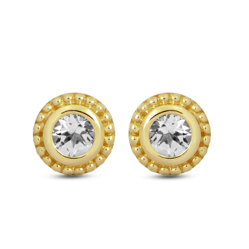 Jewelili 10K Yellow Gold with Natural White Round Topaz Stud Earrings