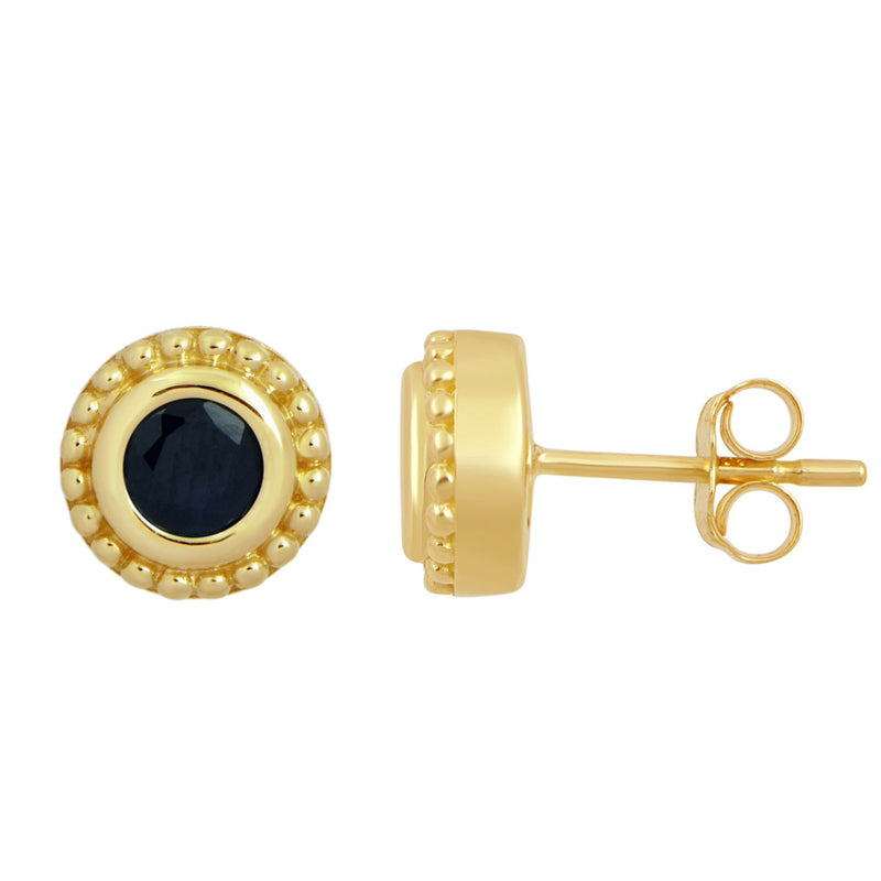 Jewelili 10K Yellow Gold with Natural Round Blue Sapphire Stud Earrings