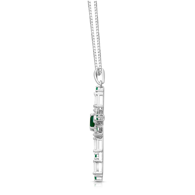 Jewelili Sterling Silver With Simulated Emerald and Created White Sapphire Cross Pendant Necklace