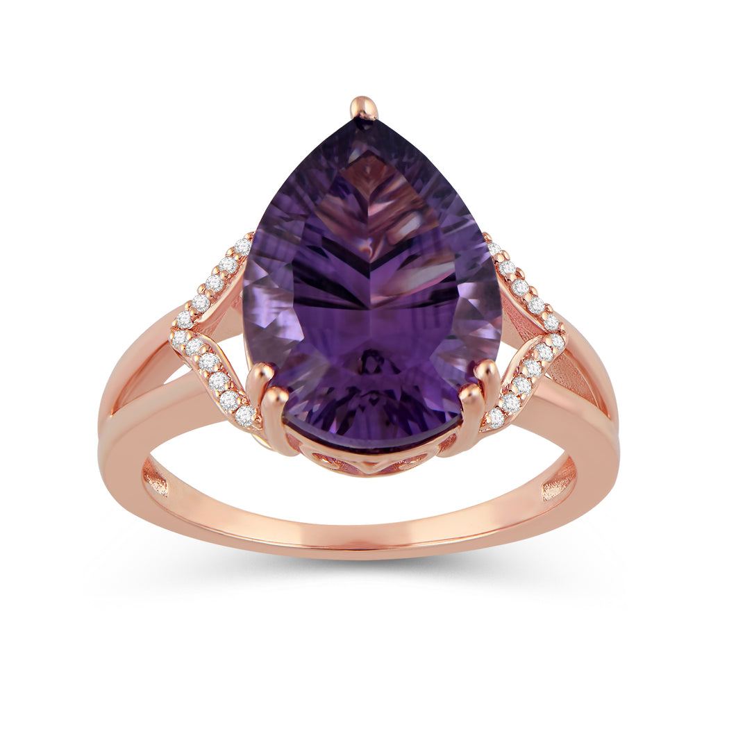 Jewelili 10K Rose Gold With Pear Amethyst and Natural White Round Diamonds Teardrop Ring