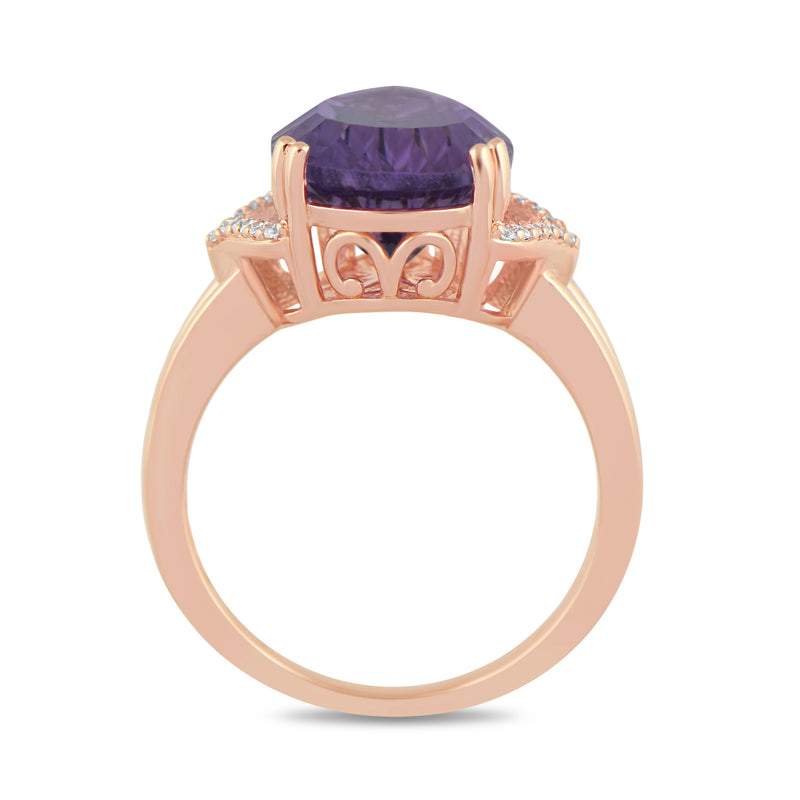 Jewelili 10K Rose Gold With Pear Amethyst and Natural White Round Diamonds Teardrop Ring