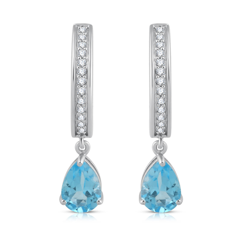 Jewelili Hoop Earrings with Pear Swiss Blue Topaz and Round Created White Sapphire in Sterling Silver View 2
