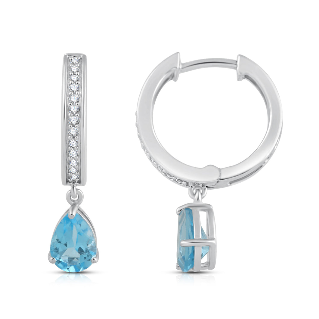 Jewelili Hoop Earrings with Pear Swiss Blue Topaz and Round Created White Sapphire in Sterling Silver View 1