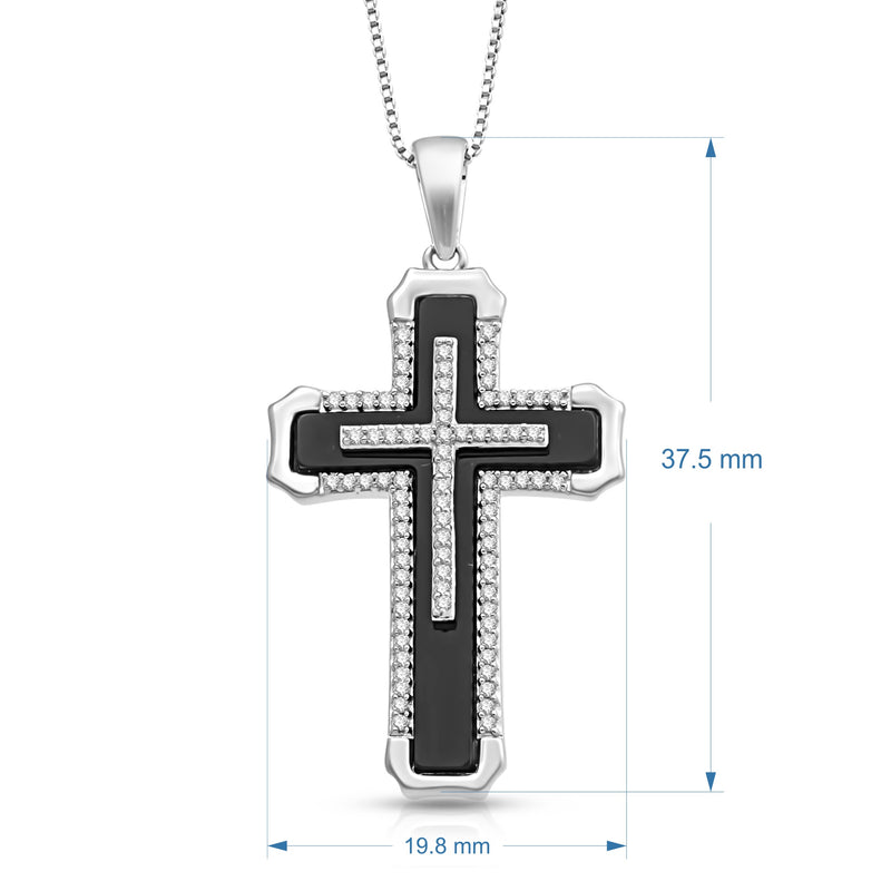 Jewelili Sterling Silver With Black Onyx and 1/4 CTTW Natural White Round Diamonds Men's Cross Pendant Necklace, 18" Box Chain