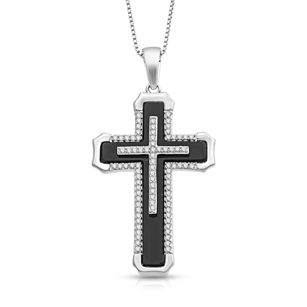 Jewelili Sterling Silver With Black Onyx and 1/4 CTTW Natural White Round Diamonds Men's Cross Pendant Necklace, 18