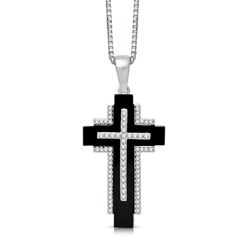 Jewelili Cross Pendant Necklace with Special Cut Black Onyx and Natural White Round Diamonds in Sterling Silver 1/4 CTTW 