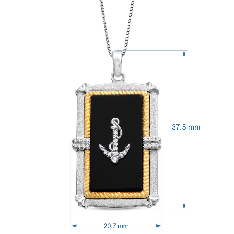 Jewelili 14K Yellow Gold over Sterling Silver With Black Onyx and Natural White Round Diamonds Men's Dog Tags Anchor Pendant Necklace