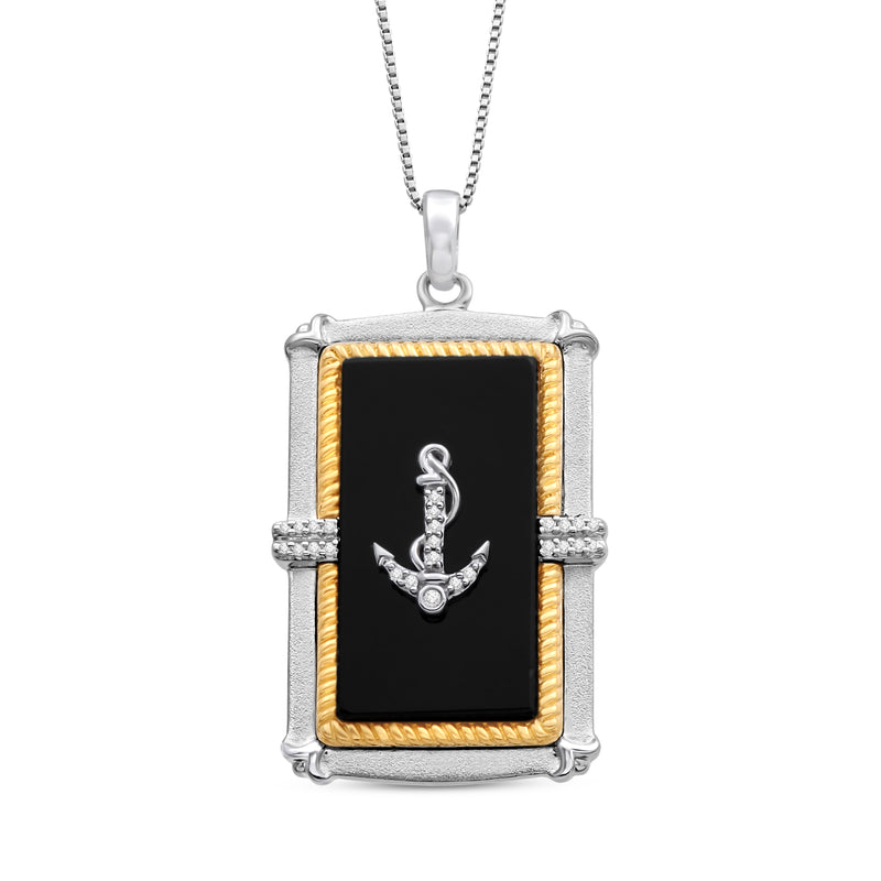 Jewelili 14K Yellow Gold over Sterling Silver With Black Onyx and Natural White Round Diamonds Men's Dog Tags Anchor Pendant Necklace
