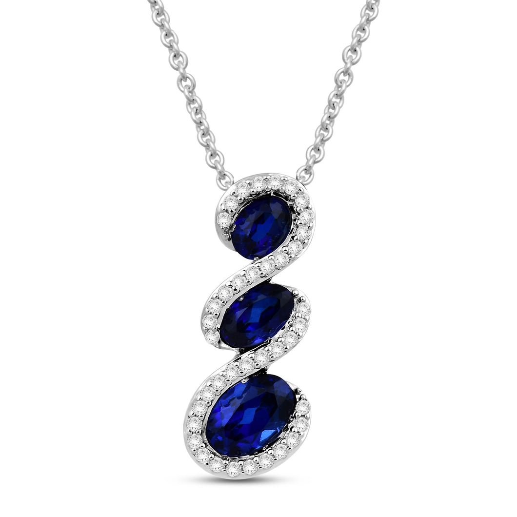 Jewelili Sterling Silver With Created Blue Sapphire and Created White Sapphire Twisted Pendant Necklace