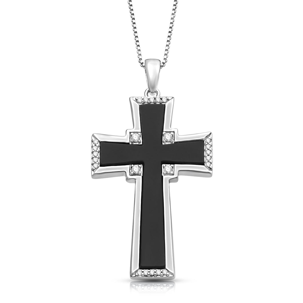 Jewelili Sterling Silver With Black Onyx and 1/10 CTTW Natural White Diamonds Men's Cross Pendant Necklace