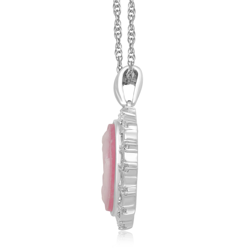Jewelili Sterling Silver With Oval Shape Pink Cameo and Created White Sapphire Mother and Child Pendant Necklace, 18" Cable Chain