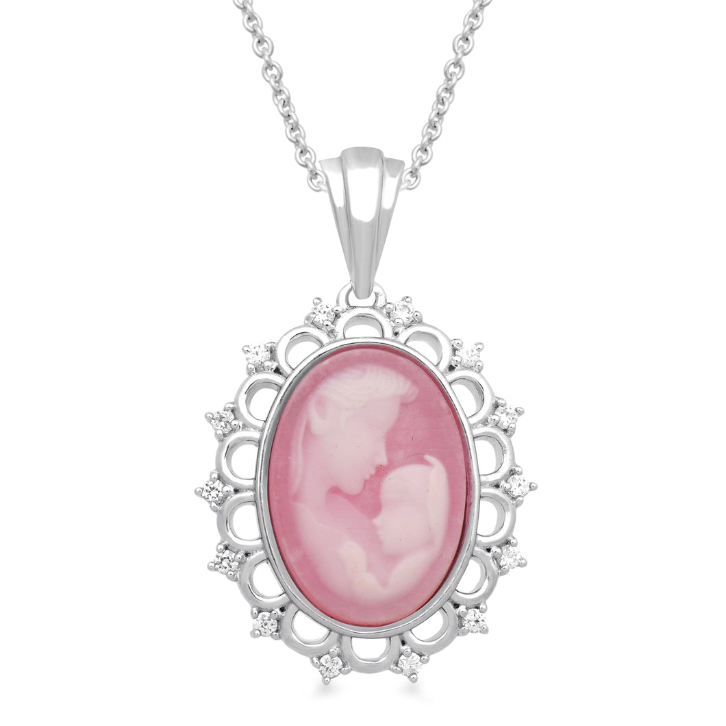 Jewelili Sterling Silver With Oval Shape Pink Cameo and Created White Sapphire Mother and Child Pendant Necklace, 18