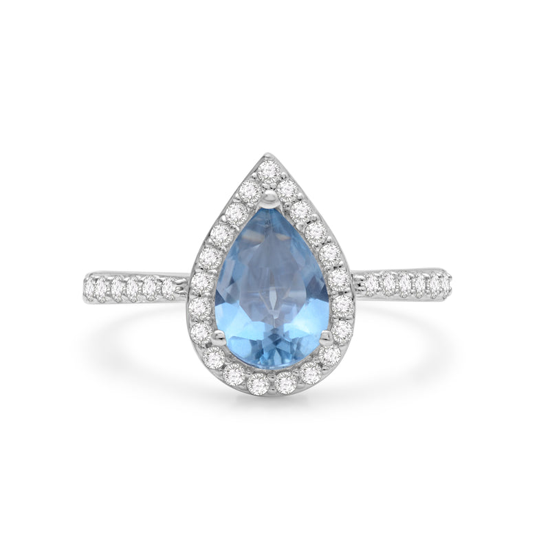 Jewelili Sterling Silver Pear Cut Aquamarine and Round Created White Sapphire Engagement Ring