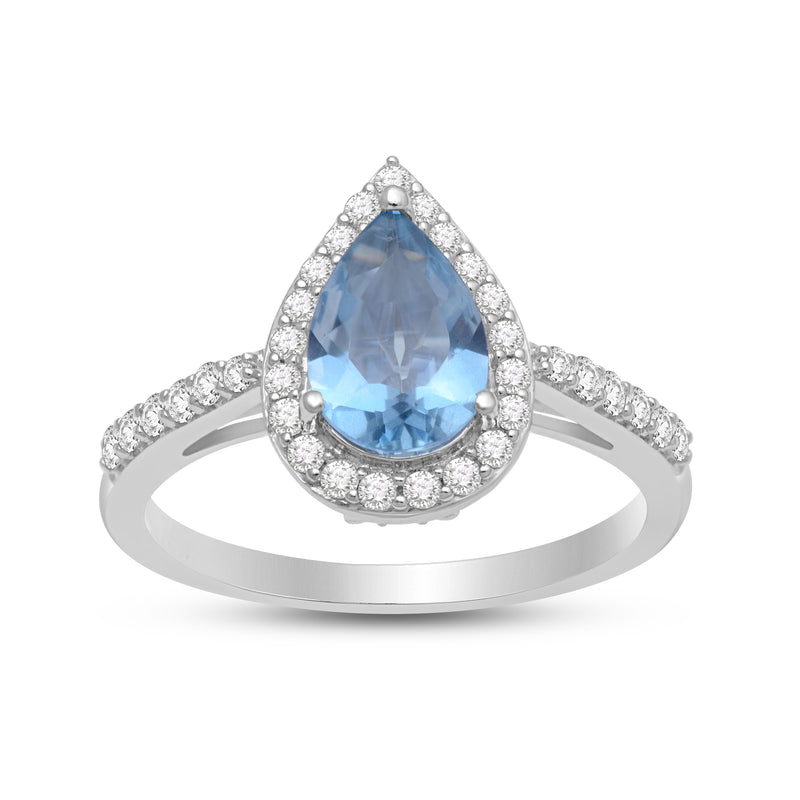 Jewelili Sterling Silver Pear Cut Aquamarine and Round Created White Sapphire Engagement Ring