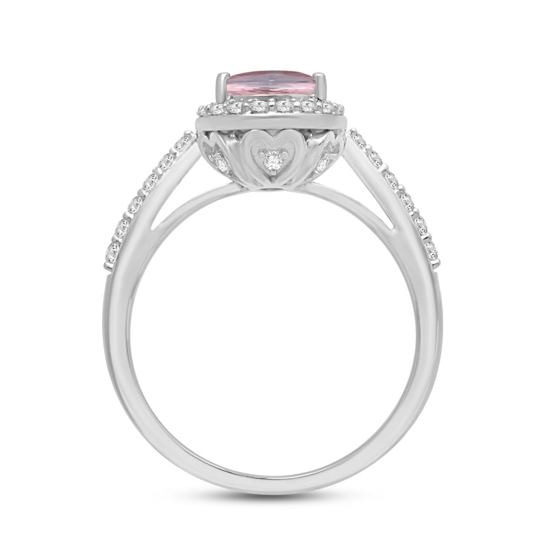 Jewelili Sterling Silver Pear Cut Morganite and Round Created White Sapphire Engagement Ring