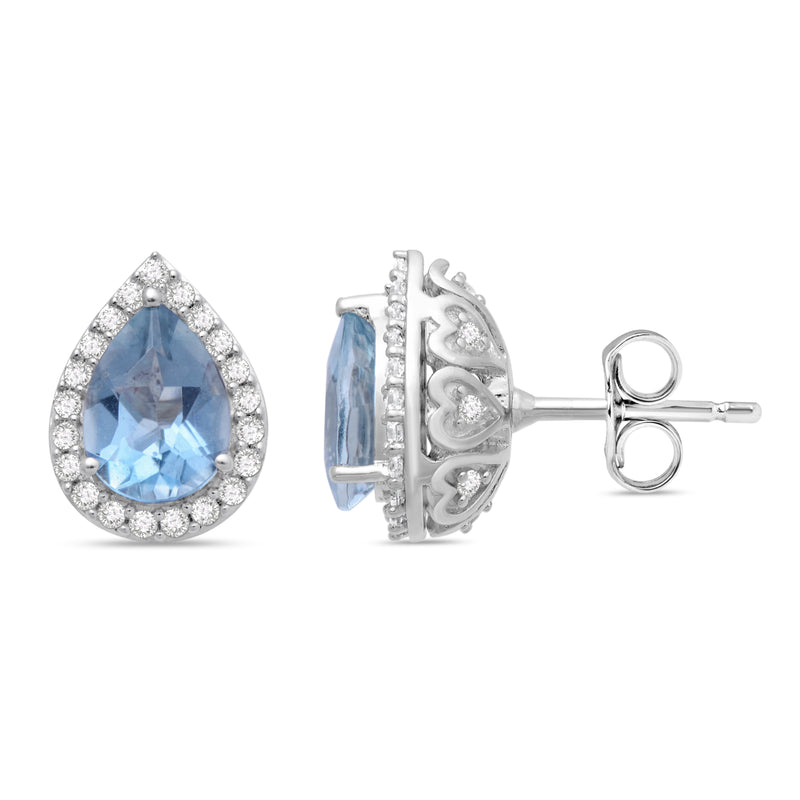 Jewelili Sterling Silver Pear Cut Aquamarine and Round Created White Sapphire Stud Earrings