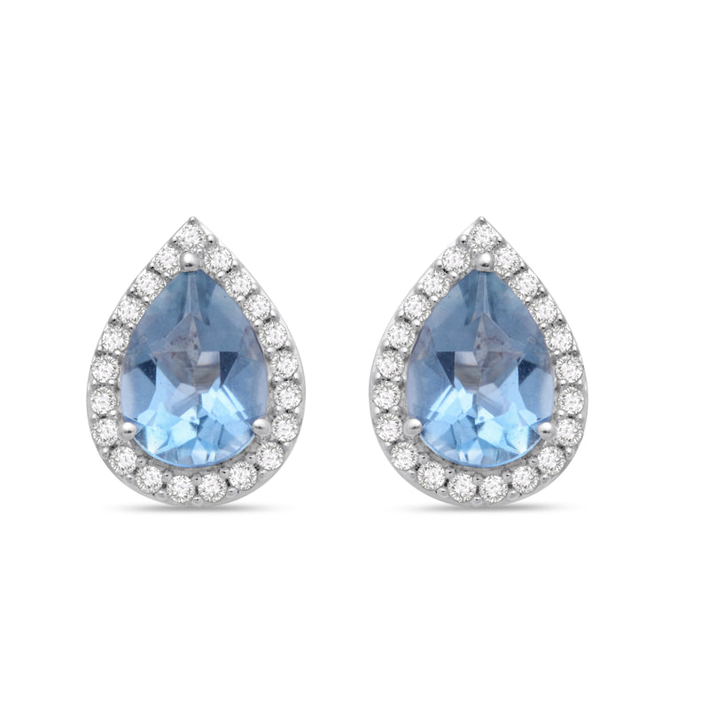 Jewelili Sterling Silver Pear Cut Aquamarine and Round Created White Sapphire Stud Earrings