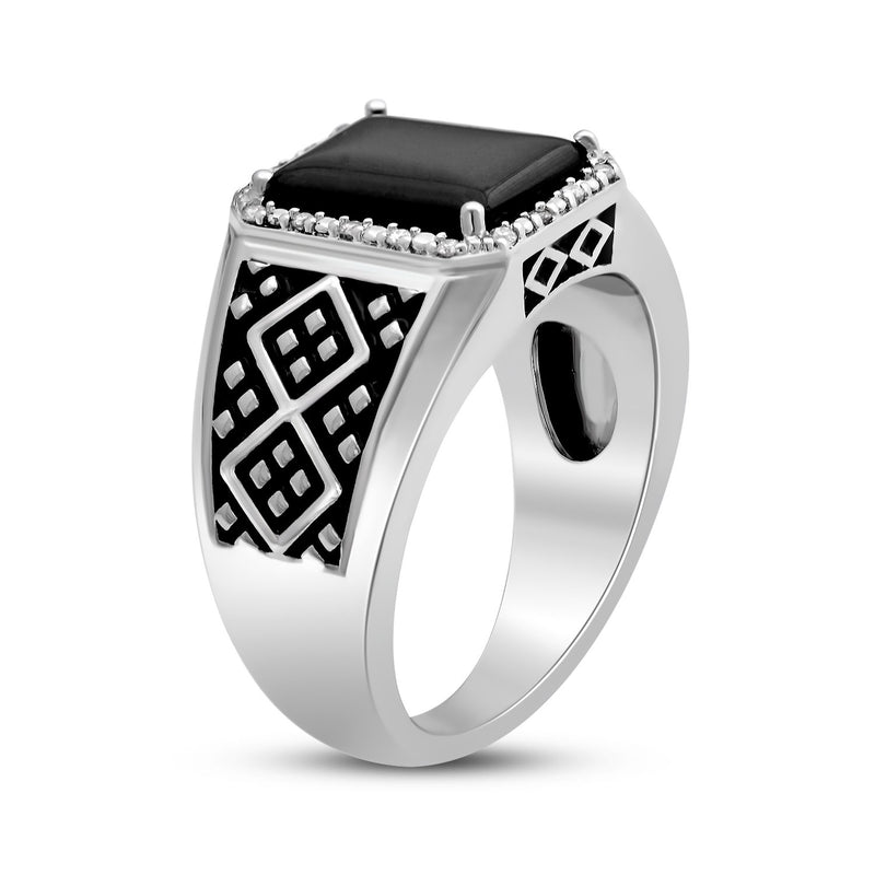 Jewelili Men's Ring with Cushion Black Onyx and Natural White Diamonds in Black Rhodium over Sterling Silver 1/10 CTTW View 5