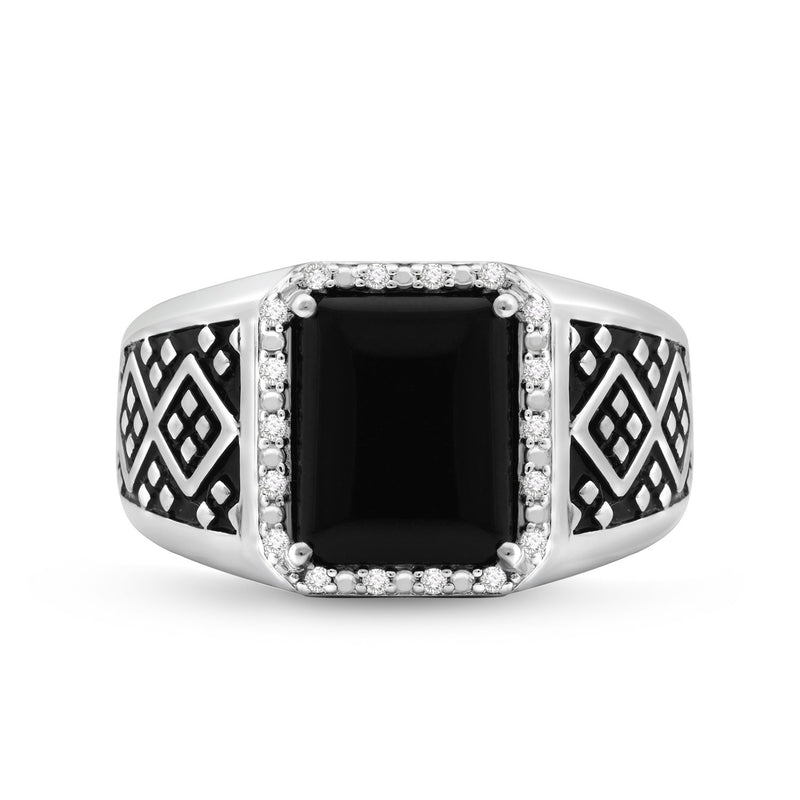 Jewelili Men's Ring with Cushion Black Onyx and Natural White Diamonds in Black Rhodium over Sterling Silver 1/10 CTTW View 3