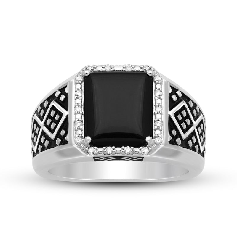 Jewelili Men's Ring with Cushion Black Onyx and Natural White Diamonds in Black Rhodium over Sterling Silver 1/10 CTTW View 1