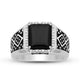 Load image into Gallery viewer, Jewelili Men&#39;s Ring with Cushion Black Onyx and Natural White Diamonds in Black Rhodium over Sterling Silver 1/10 CTTW View 1
