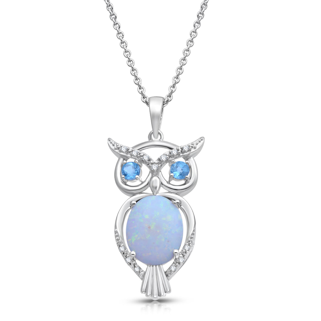 Jewelili Sterling Silver Created Opal With Swiss Blue Topaz and White Diamonds Pendant Necklace