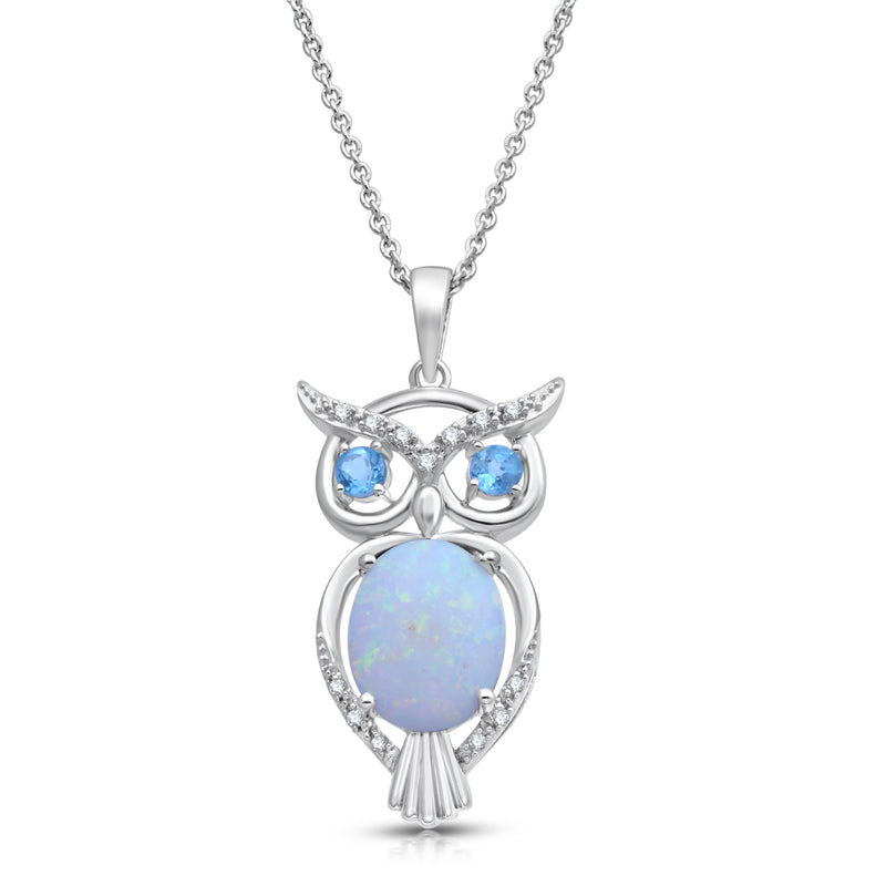 Jewelili Sterling Silver Created Opal With Swiss Blue Topaz and White Diamonds Pendant Necklace