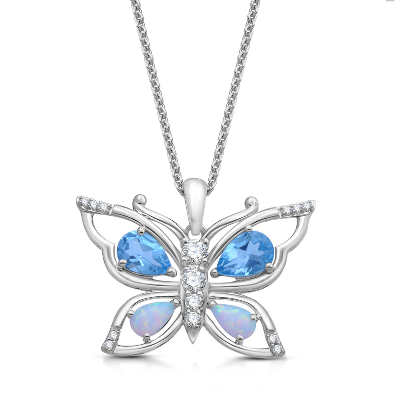 Jewelili Butterfly Pendant Necklace with Created Opal, Swiss Blue Topaz and Diamonds in Sterling Silver