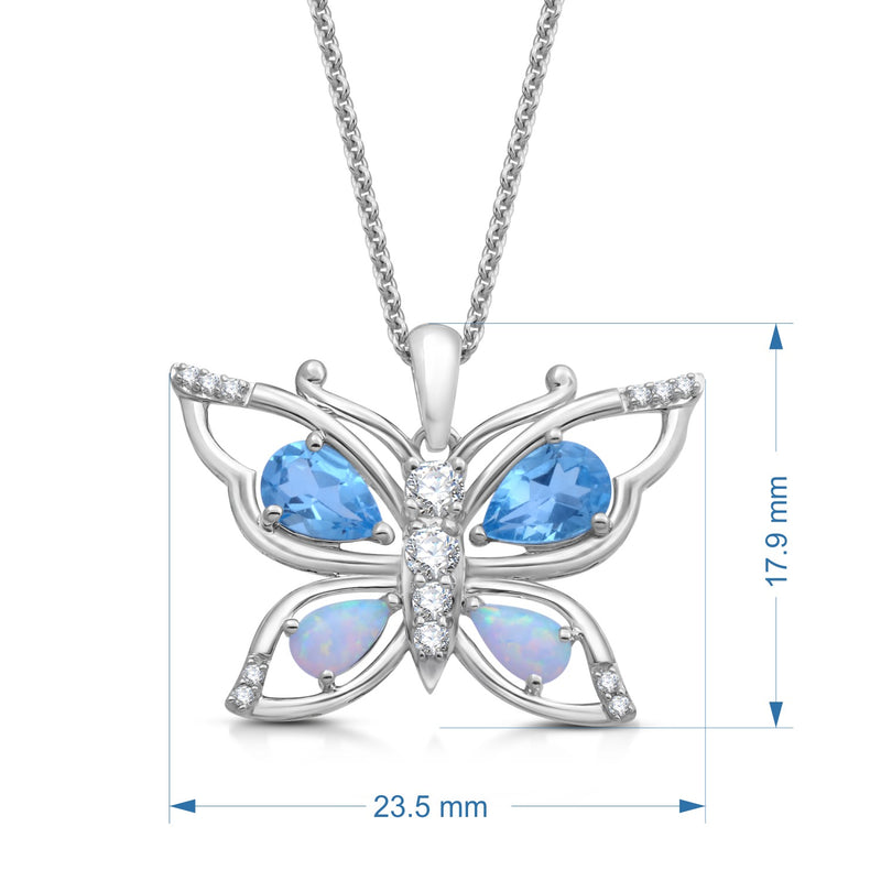 Jewelili Butterfly Pendant Necklace with Created Opal, Swiss Blue Topaz and Diamonds in Sterling Silver View 3