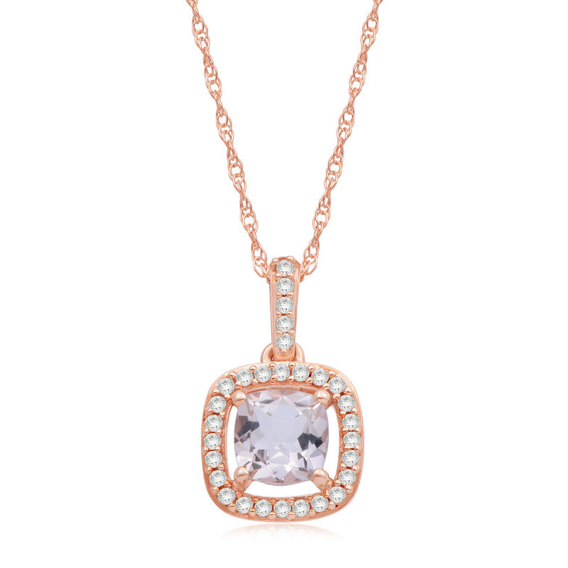 Jewelili Halo Pendant Necklace with Cushion Morganite Natural White Round Diamond in 10K Rose Gold 1/10 CTTW